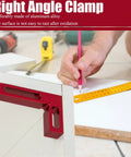 90 Degree Mini Positioning Square for Woodworking, Aluminum Alloy Carpenter Corner Tool With Anodized Finish, Lightweight, Durable Precision Edge Checker for Squareness and Tool Alignment, Ideal for DIY and Pro Projects. Red aluminum right-angle clamp on cabinet edge.