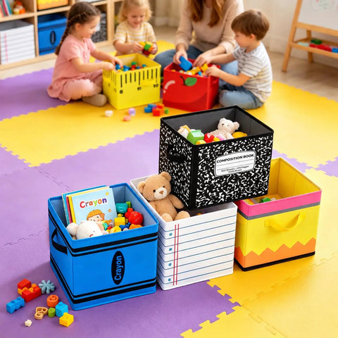 Six Pack Collapsible Fabric Storage Bins With Sturdy Handles For Classroom And Playroom on colorful floor, holding toys and books.