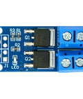 Close-up of Six Pack MOSFET Switch Drive Modules PWM Control Kit for motors LEDs and light bulbs, showing blue circuit board details.