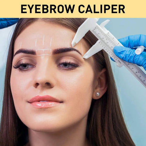 Person using Plastic Vernier Caliper 150mm Mini Caliper With Dual Inch And Millimeter Scale Pro Grade Brow Shaping Tool on eyebrows.