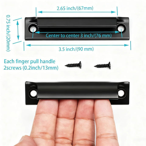 2 Pack Black Aluminum Alloy Modern Finger Pulls For Cabinets And Drawers 90mm Overall Length With Hand Showing Size