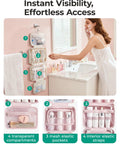 Travel Toiletry Bag For Women With Hanging Hook, Waterproof Cosmetic Organizer, mounted on bathroom wall for easy access.
