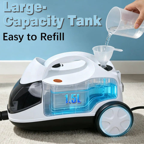 Get Rid Of Grime Fast With This Heavy Duty 1800W Steam Mop And Multipurpose Cleaner showing 1.5L water tank being refilled.