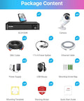 Package contents of 8 Channel 1080p AI Security System with Dope Human and Vehicle Detection including 1TB DVR and accessories.
