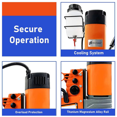 High Octane Magnetic Drill Press With Variable Speed 1400W Heavy Hitter showing cooling system and overload protection features.