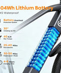 Close-up of Adult Electric Bike 24 Inch Frame With 1000W Peak Motor And 504Wh Battery, highlighting battery capacity and features.