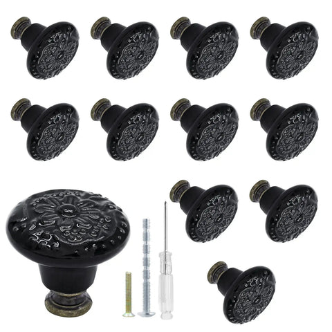 12 Pack Black Ceramic Kitchen Cabinet Knobs Set With 34mm Diameter And 30mm Height Includes Two Screw Sizes And Mini Screwdriver For Easy Install on floral knobs