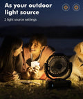 Two people playing cards at night with 3 In 1 Camping Fan With 36000mAh Battery, Detachable Power Bank, LED Light And Hook nearby