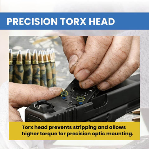 Person using T10 Torx driver to install Red Dot Screw Kit Set With 36 Pieces on handgun for RMR optics. Precision torx head visible.