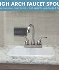 Solid Build RV Bathroom Faucet With Four Inch Centerset Setup And Six Inch High Arch Swivel Spout Smooth Lever Handles on a marble countertop.