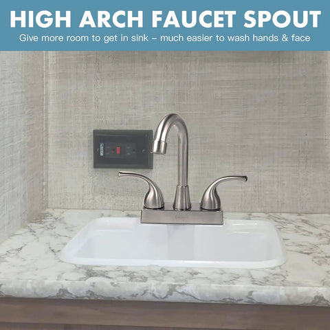 Solid Build RV Bathroom Faucet With Four Inch Centerset Setup And Six Inch High Arch Swivel Spout Smooth Lever Handles on a marble countertop.