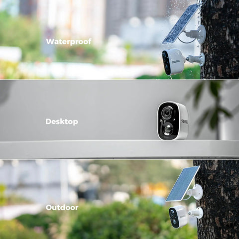 Best 2K Solar Security Camera System For Outdoor Use, Wire Free Battery Powered, installed on a tree, solar panel visible