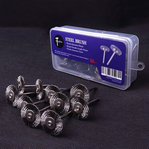 20 Pack Mini 1 Inch Wire Wheel Brushes With 1/8 Inch Round Shanks For Drill Attachments displayed beside packaging