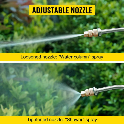 Close-up of adjustable nozzle on 2-Gallon Stainless Steel Hand Pump Sprayer with water stream options for gardening use.