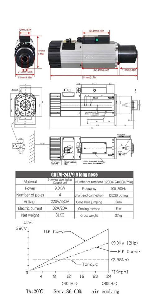 Top Shelf Heavy Duty Cnc Spindle Motor With Quiet Air Cooled Cooling And 9000W Raw Oomph For Flawless Industrial Engraving Milling And Routing Jobs Running Fast Up To 24000 Rpm On 220V Systems, detailed dimensions and specifications.