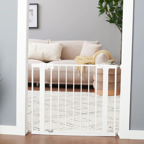 Walk Through Baby Gate For Doorways No Tools Needed Easy Install Fits 29 To 38 Inches Adjustable 28 Inch Tall White Kid And Pet Safe Gate For Home Use In Doorways And Hallways Great For Wide Doorways And High Traffic Homes Safe For Kids And Pets in a doorway with a living room background