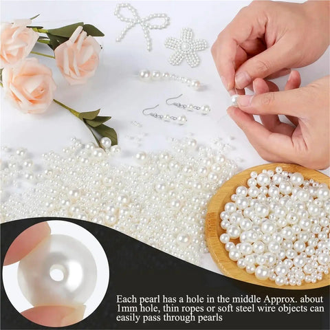 Hella Versatile Gold Imitation Pearl Spacer Beads Kit 10 Boxes 3Mm To 14Mm Abs Beads For Diy Jewelry Making showing hand threading pearl bead.