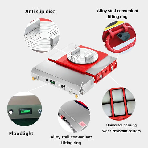 Effortless Heavy Duty Machinery Mover With Precision Remote Steering and True 360 Degree Swivel for Industrial Equipment, showing detail features.