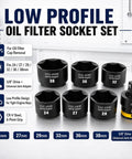 Low Profile Oil Filter Socket Set 7 Piece Cap Removal Kit For Tight Engine Bays Three Eighths Inch Drive With 24, 27, 29, 32, 36, 38 Millimeter Sockets And Universal Joint Adapter For DIYers And Pros, CR V Steel display