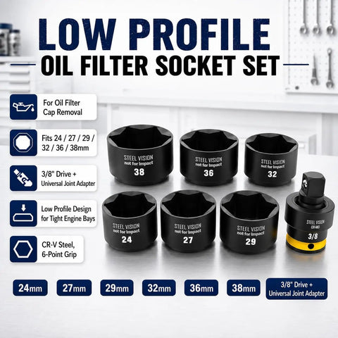 Low Profile Oil Filter Socket Set 7 Piece Cap Removal Kit For Tight Engine Bays Three Eighths Inch Drive With 24, 27, 29, 32, 36, 38 Millimeter Sockets And Universal Joint Adapter For DIYers And Pros, CR V Steel display