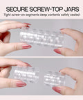 Stackable Clear Cosmetic Jars With Screw Caps Bulk Pack For Craft Supplies buttons beads coins, held in hands for demonstration.