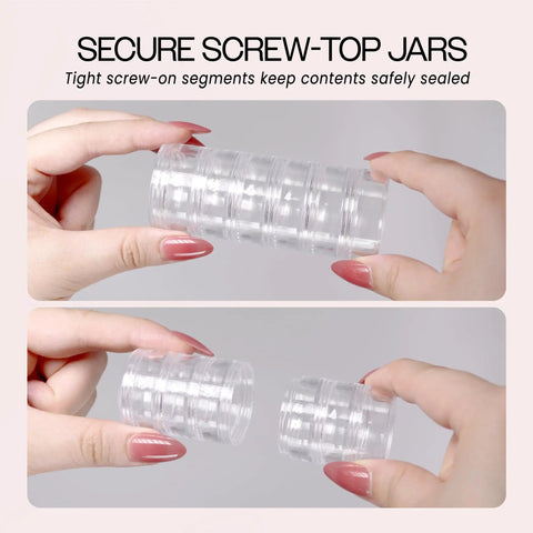 Stackable Clear Cosmetic Jars With Screw Caps Bulk Pack For Craft Supplies buttons beads coins, held in hands for demonstration.