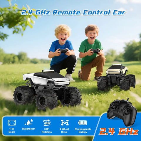 Two kids playing with Remote Control Amphibious Monster Truck 1:18 Scale for Boys and Girls, 4WD, outdoors with controllers.