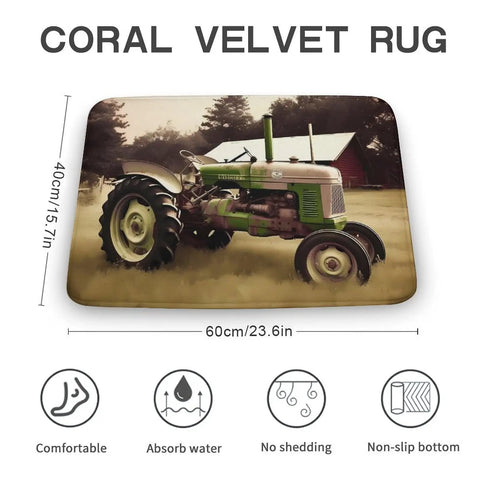 Thick Soft Absorbent Old Tractor Photo Farm Bath Rugs For Bathroom Mats With Non Slip Backing; 60x40cm coral velvet rug.
