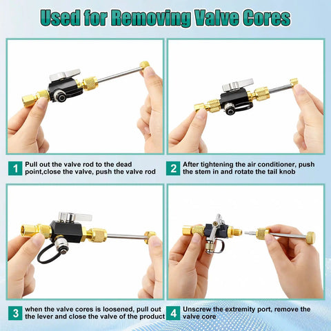 Digital Manifold HVAC Gauge Kit With Four Piece Pro Grade For Quick Pressure Readouts And Refrigerant Charging Vacuum Test Micrometer Accuracy Quarter Inch To Five Sixteenth Inch Port Accessories Valve Core Remover And Installer SAE And T connector shown removing valve cores
