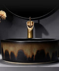 USZWBY Round Bathroom Vessel Sink with Faucet Combo 16.1" Art Wash Basin for Countertop Vanity in stylish black and gold design.