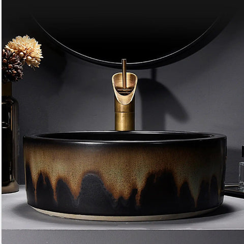 USZWBY Round Bathroom Vessel Sink with Faucet Combo 16.1" Art Wash Basin for Countertop Vanity in stylish black and gold design.