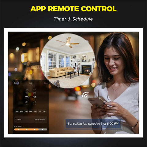Woman using app to control 2 In 1 Ceiling Fan Control And Light Dimmer Switch With 2.4G WiFi Works With Alexa Google Assistant