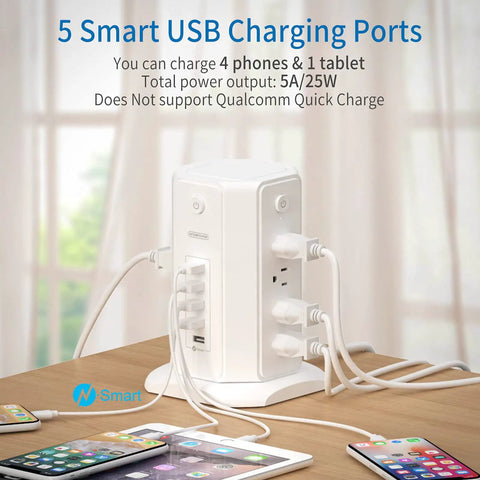 8-Outlet Tower Surge Protector With USB Charging Station, 6-Foot Flat Plug Power Strip For Home Office on desk with devices