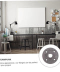 Industrial office with round table showing 4 Pack Malleable Cast Iron Floor Flange Pipe Fittings for DIY Industrial Shelving and Vintage Furniture Decor.