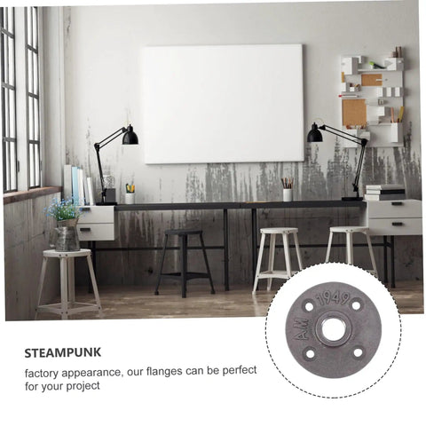 Industrial office with round table showing 4 Pack Malleable Cast Iron Floor Flange Pipe Fittings for DIY Industrial Shelving and Vintage Furniture Decor.