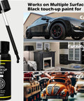 Black Rim Touch Up Paint Kit For Cars With Brush Quick Wheel Scratch Repair Automotive Rim Paint For Curb Rash And Surface Damage Easy DIY Rim Repair 1 Oz 30 Ml shown beside car, furniture, and crafts.