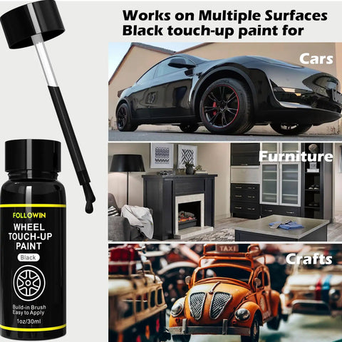 Black Rim Touch Up Paint Kit For Cars With Brush Quick Wheel Scratch Repair Automotive Rim Paint For Curb Rash And Surface Damage Easy DIY Rim Repair 1 Oz 30 Ml shown beside car, furniture, and crafts.
