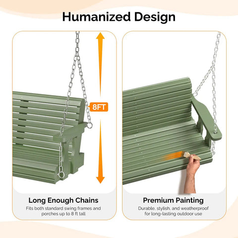 Upgraded Wooden Patio Swing Bench With Adjustable Chains For Outdoor Lounging And Hangout, Heavy Duty 880 Lb Capacity, 5 Ft Green Swing Chair