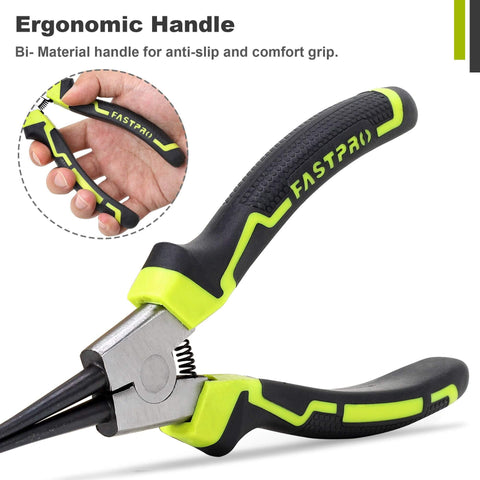Beefy Four Piece 7 Inch Snap Ring Pliers Set with ergonomic handle for anti-slip grip shown in close-up view.