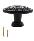 Side view of black vintage zinc alloy dresser drawer knob with single hole and two screws included, part of the 8 Pack Black Vintage Dresser Drawer Knobs Pulls For Cabinets And Cupboards With 1.25 Inch Single Hole Hardware Zinc Alloy Handle Set Includes 16 Screws In Two Lengths 25mm And 40mm.