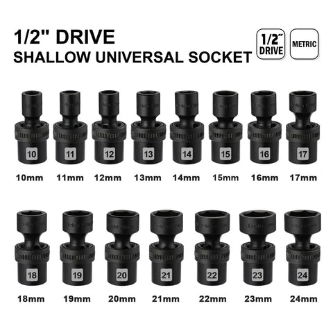 Fifteen Piece One Half Inch Drive Universal Impact Socket Set Metric Ten To Twenty Four Millimeter With Swivel Head For Tight Spots Beefy Heavy Duty Chrome Molybdenum Steel Black Phosphate Finish