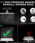 Detailed image of 8 Inch High Pressure Rain Shower Head With 11 Inch Extension Arm And 10 Mode Handheld Set Chrome Finish including features and comparison.