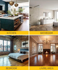 Collage of rooms with wood floors: kitchen, bathroom, bedroom, living area; ideal for Engineered Wood Floor Repair Kit 32 Oz For Squeaks And Pops.