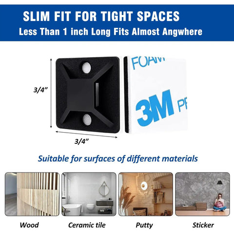Heavy Duty Self Adhesive Cable Zip Tie Mount Kit with Fifty Sets of Three Quarter Inch Mounts shown with 3M adhesive backing suitable for wood, ceramic tile, putty, and sticker surfaces.