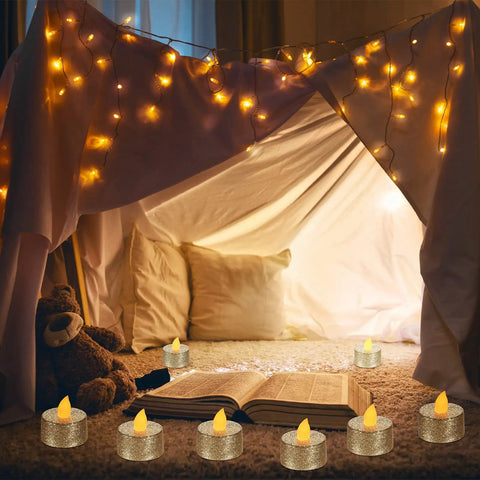 Cozy indoor tent with Gold LED Tea Lights Flameless Battery Operated Tealights 24 Pack for Holiday Decor Weddings Parties