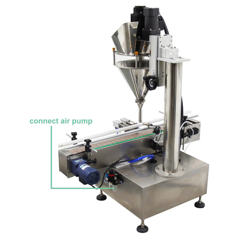 No Sweat Automatic Powder Filler Machine For 10 To 200 Gram Subpackets featuring stainless steel design and precision air pump connection.