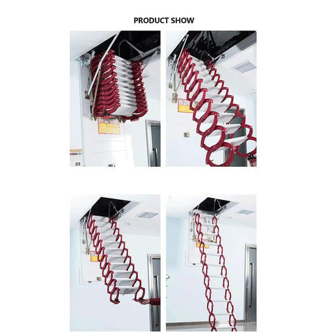 Smooth Operating Electric Attic Stair With Hassle Free Remote Control Telescopic Pull Down Loft Ladder Featuring Sturdy Safety Handrails And Space Saving Foldable Design 80 X 120 Cm in various angles, showcasing its compact design and features.