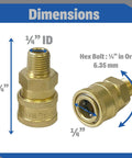 Brass Quarter Inch Quick Connect Male NPT Pressure Washer Couplers Set Of 2 4200 PSI shown with dimensions and hex bolt details