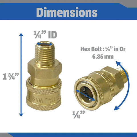 Brass Quarter Inch Quick Connect Male NPT Pressure Washer Couplers Set Of 2 4200 PSI shown with dimensions and hex bolt details