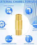 Brass pipe nipple fitting, front view, 1/2 in NPT male x 1/2 in NPT male, 2 in length, 2-pack.